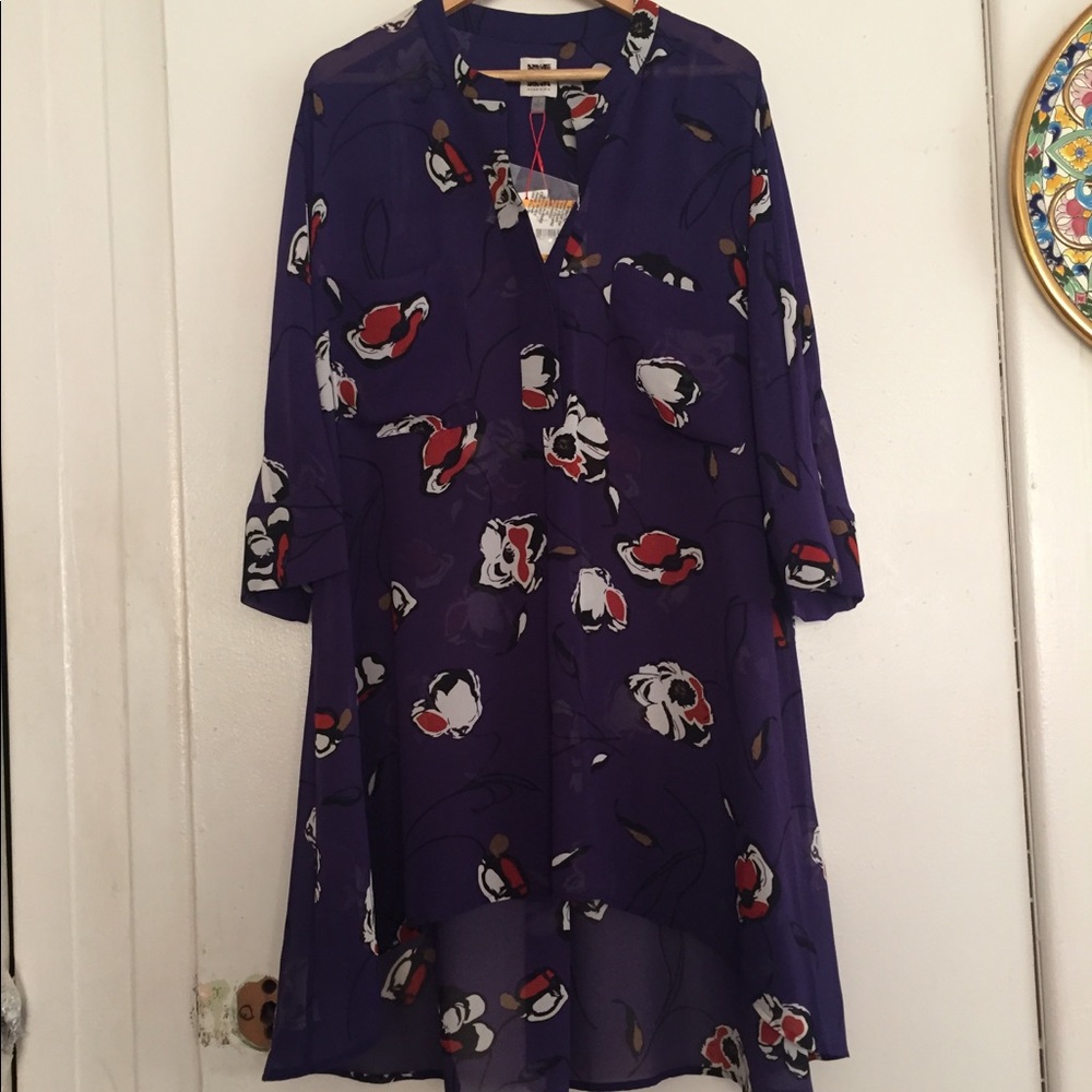 Sheer purple red floral tunic blouse top s